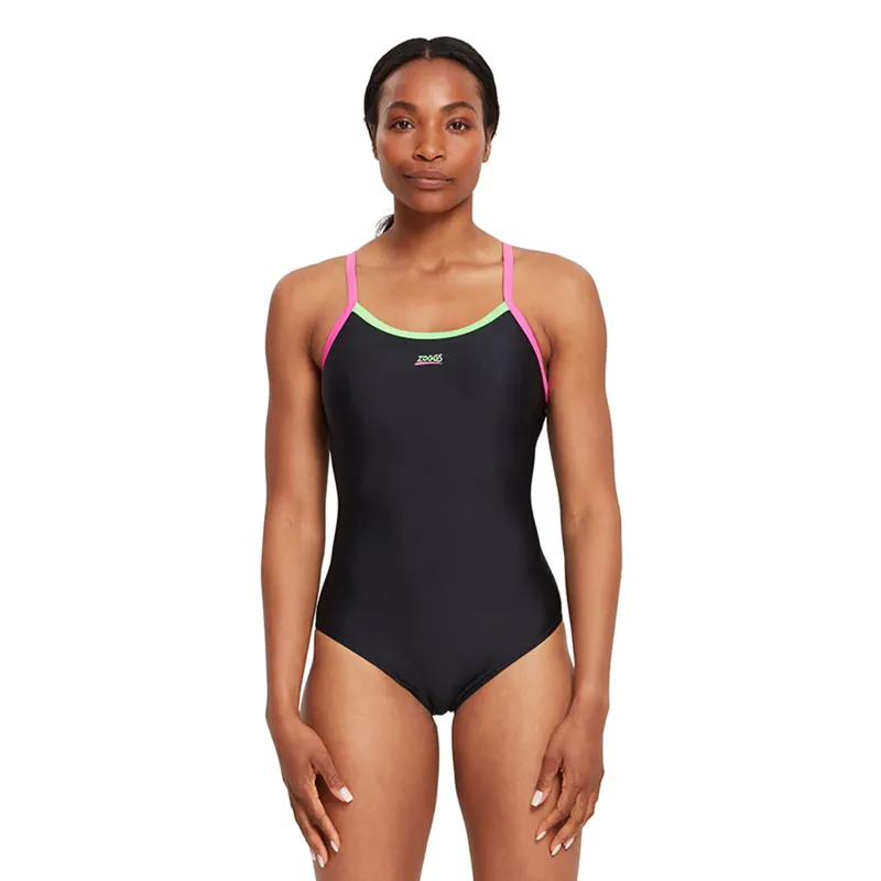 Zoggs Ladies Cannon Strike Back Swimsuit Black/Green/Pink-2